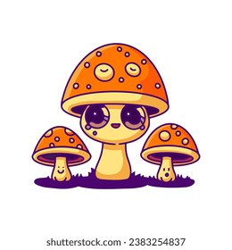 Familia de esporas alucinógenas comestibles con hongos psicodélicos. Dibujo de la línea del doodle vectorial kawaii. Impresión trippy de hongos en afiche, camiseta del Magic 70