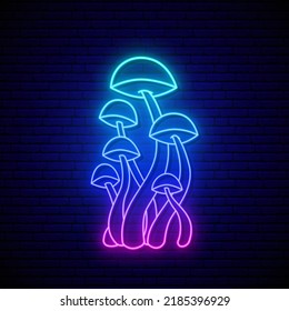 Psychedelic Mushrooms With Gradients And UV Neon Light. Luminous Mushroom On Dark Brick Wall Background. Fantasy Magic Hallucinogen Plants. 