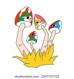 Psychedelic mushrooms in grass groovy style. Cartoon art for logo, poster, banner, icon, clip art, tshirt. Vector illustration isolated on a white background.