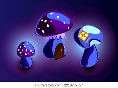 Psychedelic mushrooms houses cartoon. Collection of vector magic fantasy mushrooms glowing in the dark. For web, video games, user interface.