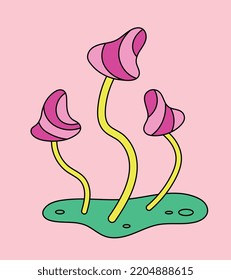 Psychedelic mushrooms icon. Botany, flora and plants. Graphic element for printing on fabric. Retro and old style, fantasy and imagination, magic, mental disorder. Cartoon flat vector illustration