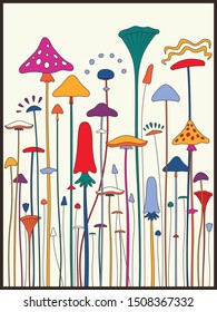 Psychedelic Mushrooms Illustration, 1960s Style Poster, Background, Cover Template