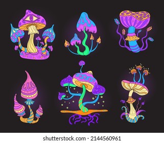 Hongos psicodélicos. Viaje hippie psicopénico con hongos mágicos, poción alucinógena de fantasía con hongos mágicos, psilocybin botánico colorido loco místico ilustrativo vectorial de arte mágico psicodélico