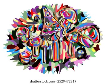 Psychedelic mushrooms on multicolor background. Colorful vector illustration for print. Sticker with rainbow mushrooms