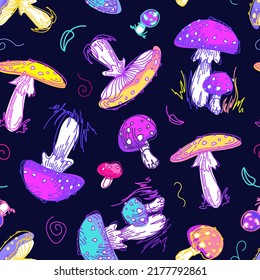 Psychedelic mushrooms pattern. 60s hippie, colorful poisonous fly agaric. Bright summer illustration in Sketch style with cosmic magic mushrooms. For wallpaper, printing on fabric, wrapping