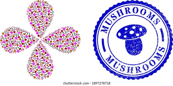 Psychedelic mushrooms rotation abstract flower, and blue round MUSHROOMS rubber stamp print with icon inside. Element flower with 4 petals designed from oriented psychedelic mushrooms symbols.