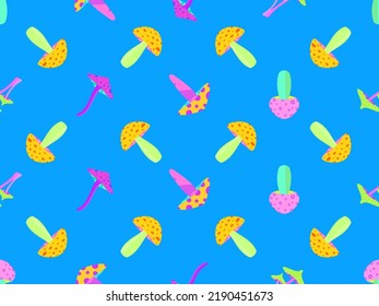 Psychedelic mushrooms seamless pattern. Acid trip, bright colorful mushrooms in the style of the 80s. Trippy magic mushrooms. Design for posters, banners and promotional items. Vector illustration