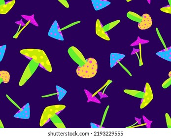 Psychedelic mushrooms seamless pattern. Acid trip, bright colorful mushrooms in the style of the 80s. Trippy magic mushrooms. Design for posters, banners and promotional items. Vector illustration