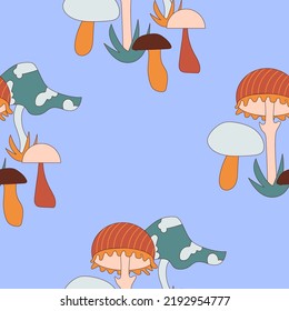 Psychedelic mushrooms seamless pattern in hippie 60s 70s style. Trippy repeat texture with magic toadstool, abstract fungi. Vector pattern for fashion print, wrapping paper, Halloween decoration