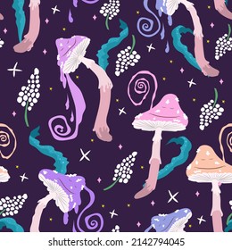 Psychedelic mushrooms seamless pattern. Magical trippy fungi.