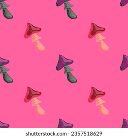 Psychedelic mushrooms seamless pattern. Magical fly agaric wallpaper. Design for printing, textile, fabric, fashion, interior, wrapping paper. Vector illustration