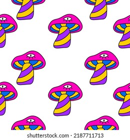 Psychedelic mushrooms seamless pattern. Trippy seamless background with hallucination mushrooms