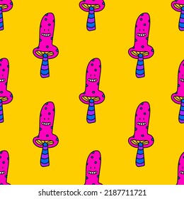 Psychedelic mushrooms seamless pattern. Trippy seamless background with hallucination mushrooms.Yellow background