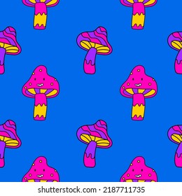 Psychedelic mushrooms seamless pattern. Trippy seamless background with hallucination mushrooms.Blue background