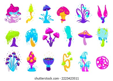 Psychedelic mushrooms set. Hallucination mushrooms in crazy colors isolated on white background for magic hallucinating effect. Cartoon flat vector illustration