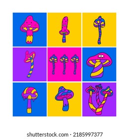 Psychedelic mushrooms set. Hallucination mushrooms vector illustrations. Doodle crazy mushrooms. Trippy 70s vibes