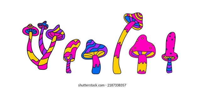 Psychedelic mushrooms set. Hallucination mushrooms vector illustrations. Doodle crazy mushrooms. Trippy 70s vibes