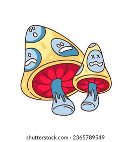 Ilustración vectorial de hongos psicodélicos. Caricatura aislada de grandes y pequeños personajes de hongos con caras de emoji retro funky trippy en sombrero, hongos viejos y jóvenes groovs para viaje loco de hippies mágicos