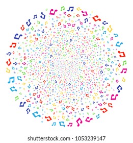 Psychedelic Music Notes carnival spheric cluster. Vector round cluster explosion organized by scattered music notes elements. Psychedelic Vector abstraction.