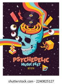 Psychedelic Music Poster with Skull, Eye, Rainbow, Vinyl Record, Sound, and Galaxy Background Illustration