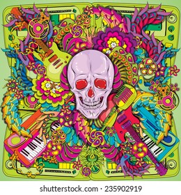 Psychedelic music skull illustration