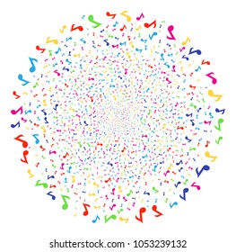 Psychedelic Musical Note sparkler globula. Vector globula explosion designed from scatter musical note items. Multi Colored Vector abstraction.