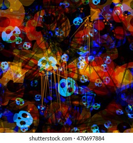 Psychedelic, mysterious pattern of triangles, acute-angled elements, spot, stylized skulls. Red, yellow, orange, blue, black. Art seamless vector pattern for Halloween, fabrics, printing, book covers