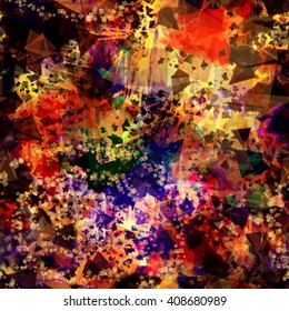 Psychedelic & mystic abstract seamless pattern. Squares and acute angles, triangles and spots. Chaotic. Random intersection. Transparency. Overlapping. Vector. Easy to edit.