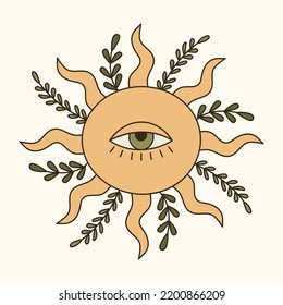 Psychedelic mystic symbol in 70s art style. Retro groovy graphic element of sun with one eye, wavy beams and green leaves. Pagan sticker. Vintage boho illustration