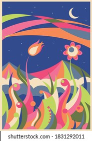 Psychedelic Nature and Landscape, 1960s Art Style Floral Pattern 