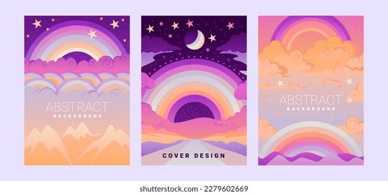 Psychedelic nature landscape vector illustration with rainbow, mountains, stars and moon. Art background of dream and magic.