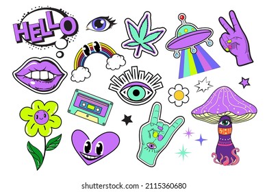 Psychedelic neon hippie fashion patch badges with mushrooms, mouth and eyes. Vector illustration