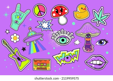 Psychedelic neon hippie fashion patch badges with mushrooms, mouth and eyes. 70s inspired retro hippie graphic set for T-shirt print. Vector illustration