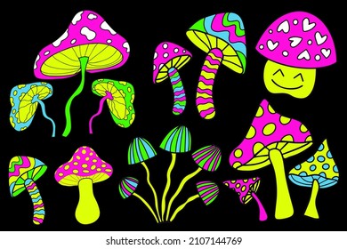 Psychedelic neon mushrooms set. Collection of colored acid rainbow mushroom hippy style. vector illustration