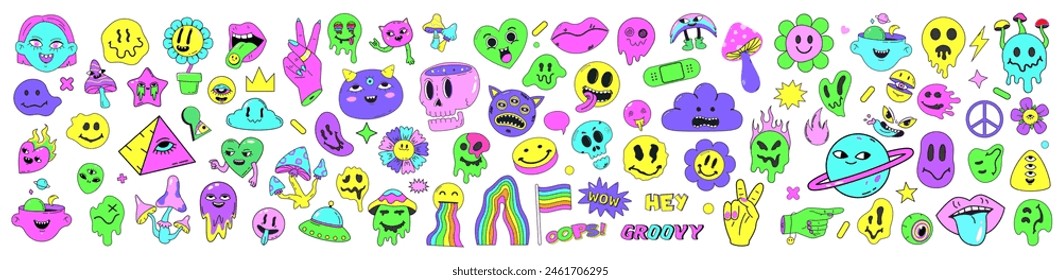 Psychedelic neon retro stickers, crazy abstract hippy symbols. Retro abstract stickers and hallucination elements vector illustration set. Aliens, rainbow, ufo, planet and flower isolated collection