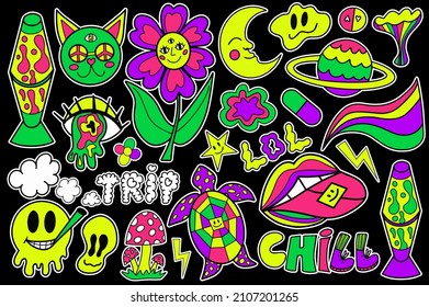 Psychedelic neon trip hipster set stickers. Retro 70s, hippie stickers, groovy sticker elements. Cartoon funky flowers, rainbow, acid hippy style. vector illustration