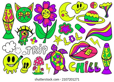 Psychedelic neon trip hipster set stickers. Retro 70s, hippie stickers, groovy sticker elements. Cartoon funky flowers, rainbow, acid hippy style. vector illustration