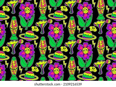 El viaje de neón psicodélico se realiza sin problemas. Textura repitiendo groovía de los años 70 retro. Flores funky de caricatura, arcoiris, fondo de estilo hippy ácido. ilustración vectorial