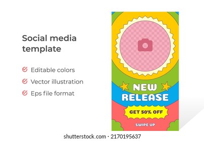 Psychedelic new release social media story template with copy space place for text vector illustration. Round vintage hippie contoured sunlight striped rainbow internet promotion advertising