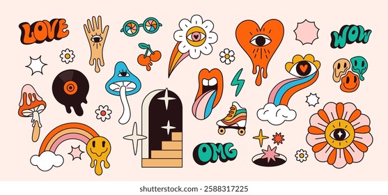 Psychedelic objects. Abstract bright symbols. Groovy acid elements. Retro hippy style. Hallucinogenic mushroom. Melting emoticons. Ladder to stars. Love heart with eye