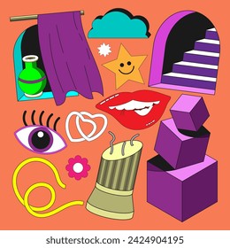 Psychedelic objects and geometric shapes. Decorative elements for design projects. Vector set No. 2