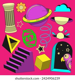 Psychedelic objects and geometric shapes. Decorative elements for design projects. Vector set No. 1