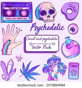 Psychedelic and occult witchy pack with witchcraft and trippy elements with purple galaxy gradient. Spiritual and millennial collection with isolated vectors. Purple fantasy objects for Halloween.