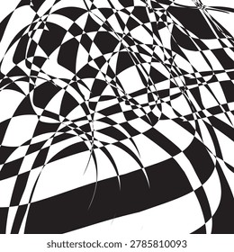 Psychedelic op art monochrome background vector illustration. Distorted lines grid and chaotic waves pattern texture