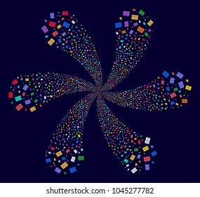 Psychedelic Open Book centrifugal burst on a dark background. Impressive flower designed from randomized open book objects.