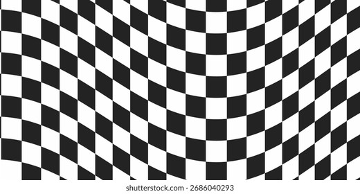 Psychedelic optical background. Abstract chess square illusion. Wavy surface checkered pattern with geometric graphic. Checkerboard warped print. Y2k design for banner.eps 10