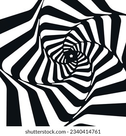 Psychedelic optical illusion twisted black and white stripes abstract distorted lines surface isometric vector illustration. Radial torsion spiral surreal effect hole spinning tunnel rotation pattern