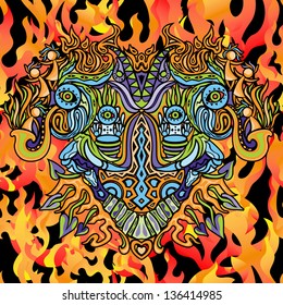 Psychedelic ornament tribal vector illustration on fire background