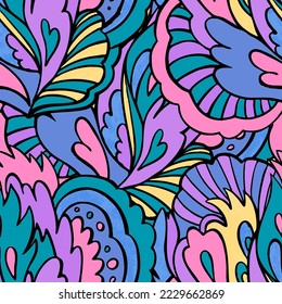 Psychedelic ornamental pattern. Hand drawn texture with floral and botanical ornate shapes and motifs. 