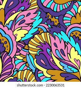Psychedelic ornamental pattern. Hand drawn texture with floral and botanical ornate shapes and motifs. 